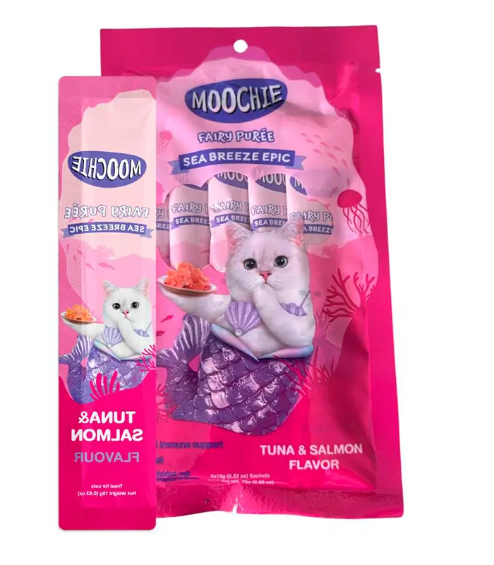 250004 Premio para gato sabor TUNA & SALMON 75gr - 5 Sachets 15gr - Moochie - Imagen 1