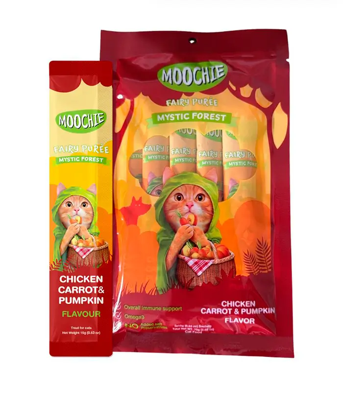 250007 Premio para gato Sabor POLLO, ZANAHORIA & CALABAZA de 75gr - 5 Sachets 15gr - Moochie - Imagen 1